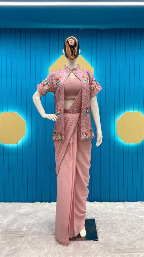 Pink Chinon Silk Saree with Embroidered Half Sleeve Koti – Baranashe