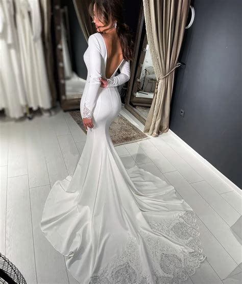 Aline High Neck Wedding Dress: Satin Mermaid Bridal Gown with Long Sleeves and Backless Detail ...