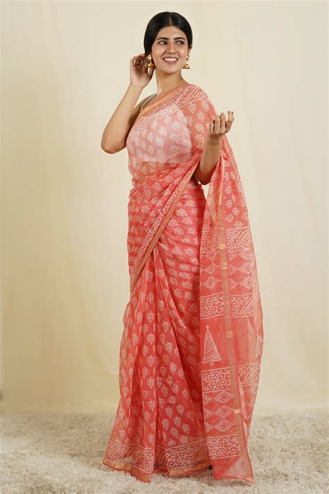 Teejh Warda Peach and White Block Print Kota Saree With Blouse Piece