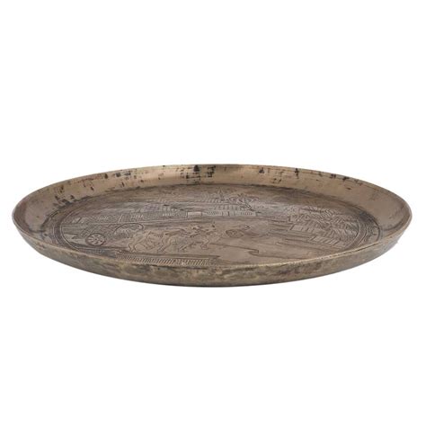 Serving Tray or Plate Engraved with Indian Village Scene In Bell Metal