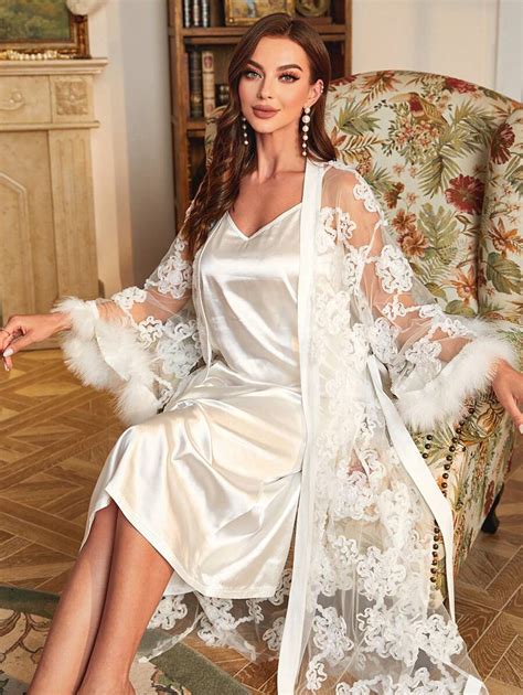 Floral Embroidery Fuzzy Trim Belted PJ Set / Pajama Set | SHEIN USA