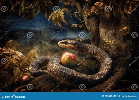 Serpent and Apple in the Garden of Eden Scene. Biblical Illustration ...