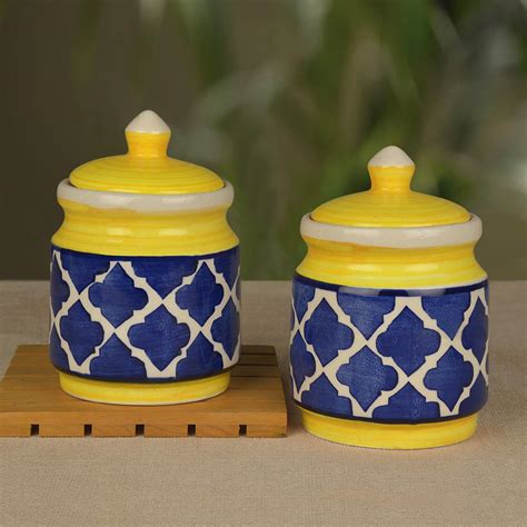 Buy StyleMyWay Handpainted Ceramic Jar Set with Lid (Set of 2, 500 ml ...