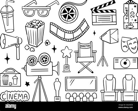 Doodle cinema elements. Movie film tape, popcorn basket, clapperboard ...