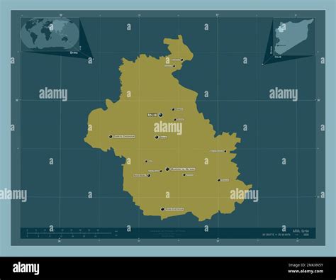 Idlib, province of Syria. Solid color shape. Locations and names of ...