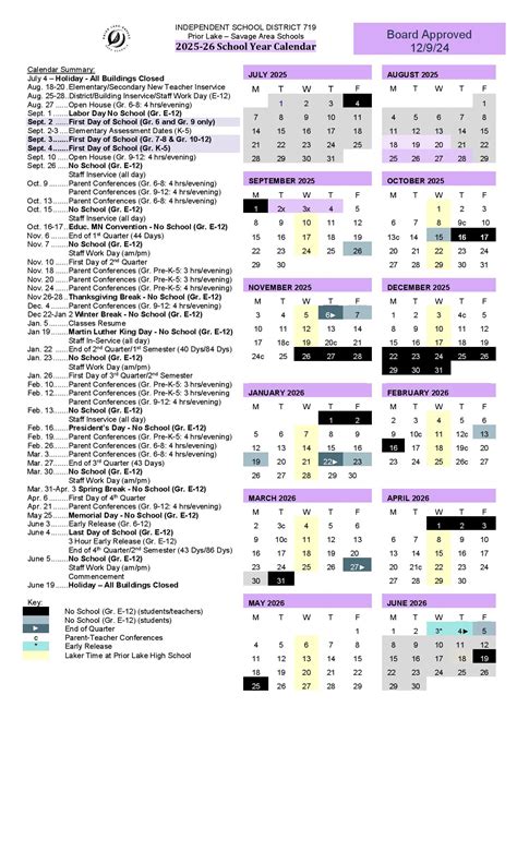 Prior Lake Schools Calendar 2025-2026 in PDF - School Calendar Info