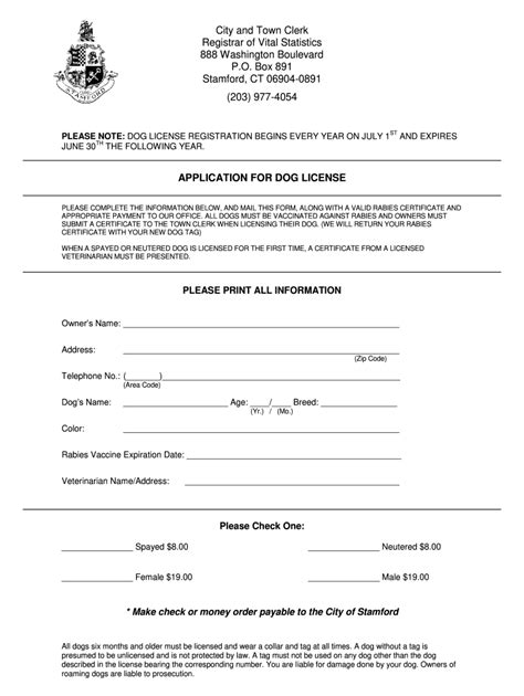 CT Application for Dog License - City - Blank Fillable Template | Fill ...