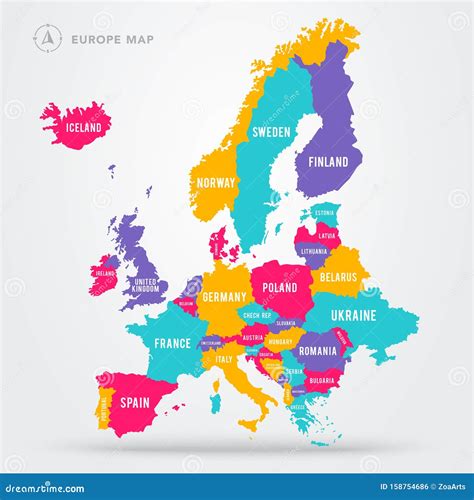 Vector Illustration Political Map of Europe. European Continent in Four Colors with Country Name ...