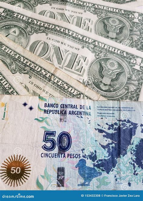 Argentinean Banknote of Fifty Pesos and American One Dollar Bills Stock ...