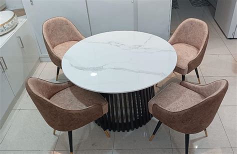 Taxzek Four Seater Round Marble Dinning Table With Wooden Polish Base ...