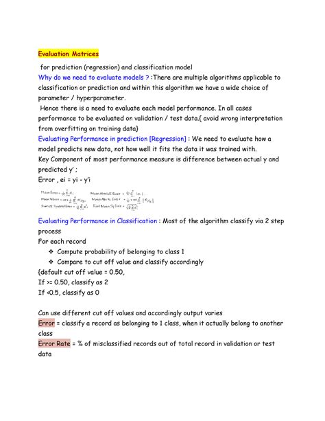 Machine Learning 4 - Lecture notes 4 - Evaluation Matrices for ...