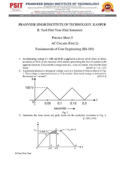 B.Tech 1st Year Practice Sheet 5: AC Circuits Fundamentals - Studocu