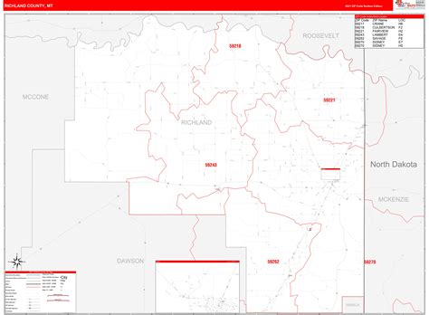 Richland County, MT Zip Code Wall Map Red Line Style by MarketMAPS ...