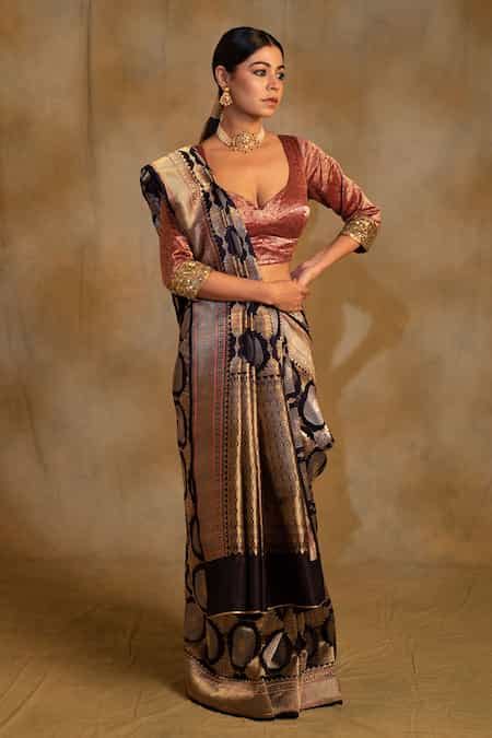 Buy Blue Silk Embroidery Pooram Floral Jaal Saree Unstitched Blouse ...