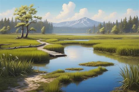 Spring marsh with wooden pointer | Premium AI-generated image