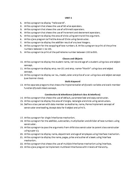 Java Question Bank: Programs on Operators, Classes, and Inheritance ...