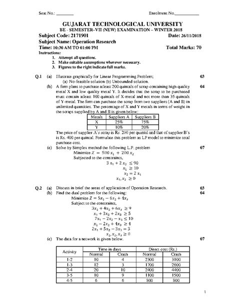 Operation Research (OR) Paper Solution - Nov 2018 Exam - Studocu