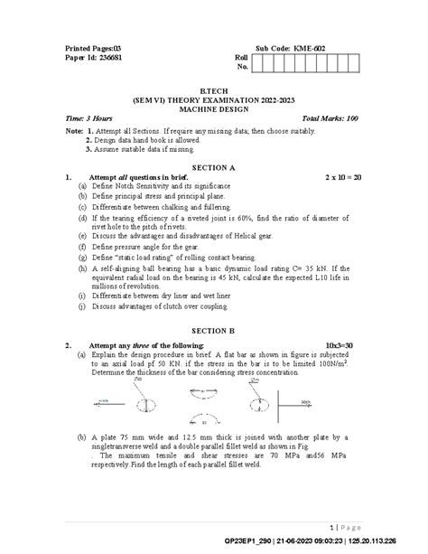Machine Design Theory Exam Questions - KME 602 (2023) - Studocu
