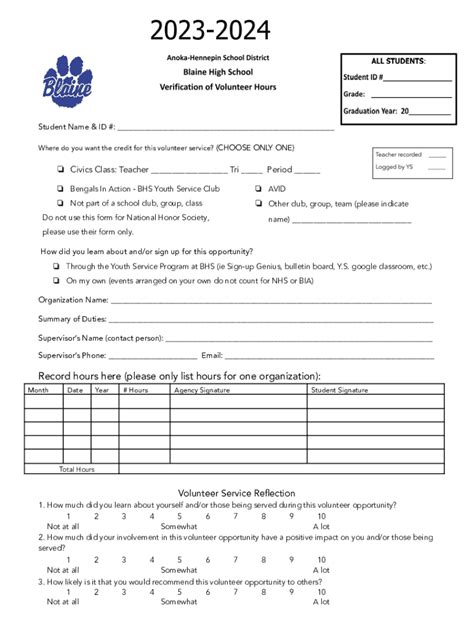 Fillable Online 23 24 Student Verification of Hours Form Blaine Fax ...
