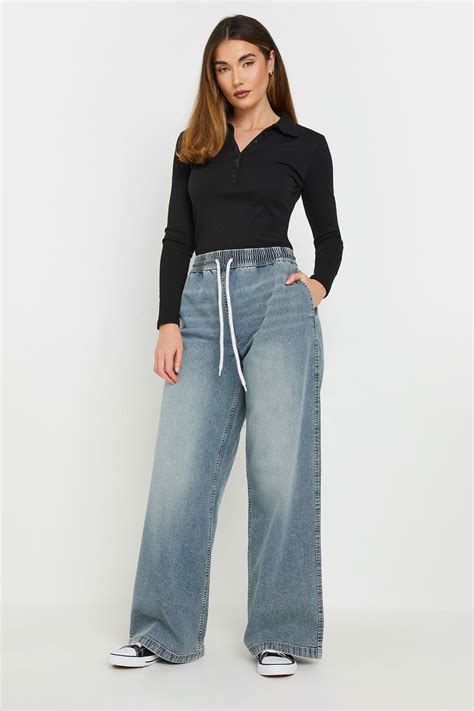 LTS Tall Mid Blue Washed Denim Pull-On Wide Leg Jeans | Long Tall Sally