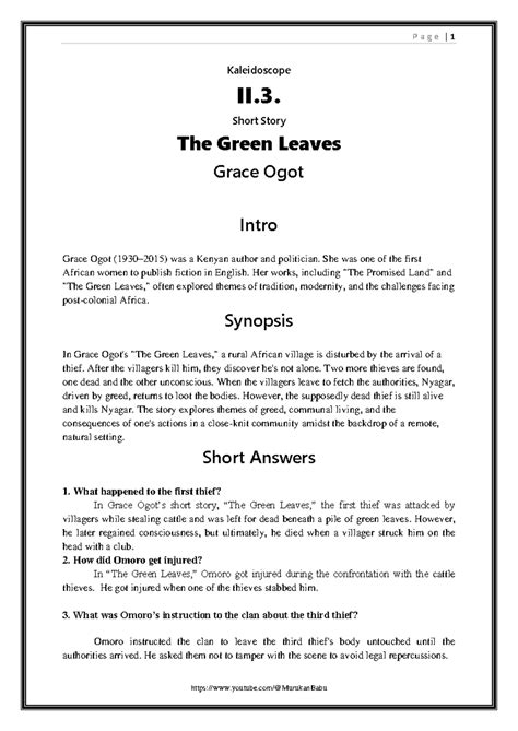 Essay Notes: Grace Ogot's "The Green Leaves" Analysis and Themes - Studocu