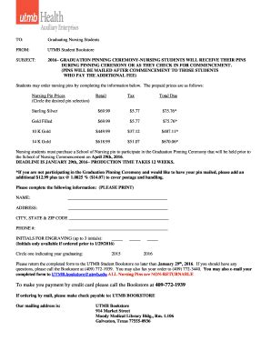 Fillable Online nursing utmb Nursing Pin Order Form - School of Nursing ...