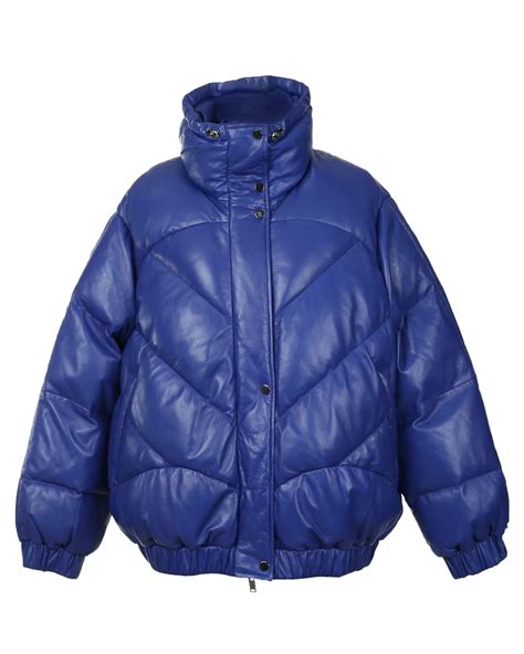 Keira Oversized Blue Puffer Bomber Jacket - Real Leather Garments