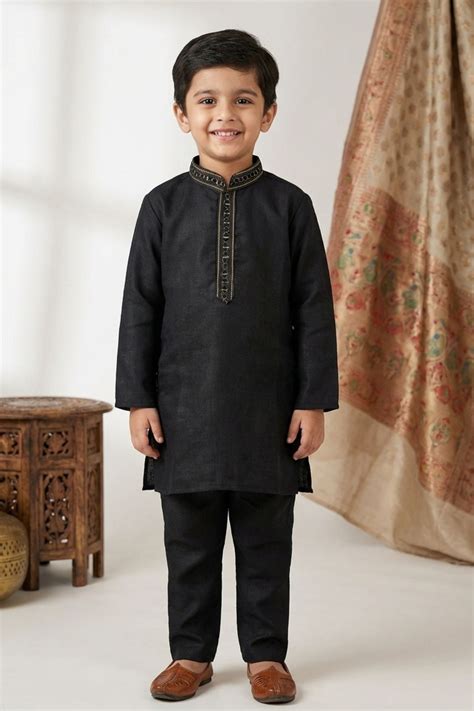 Black Embroidered Linen Kurta Set For Boys – Lagorii Kids