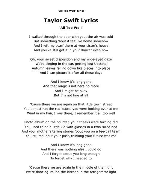 Taylor Swift Lyrics All Too Well
