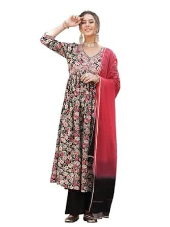 Buy Stylum Women's Floral Printed & Embroidered Rayon Flared Kurta ...