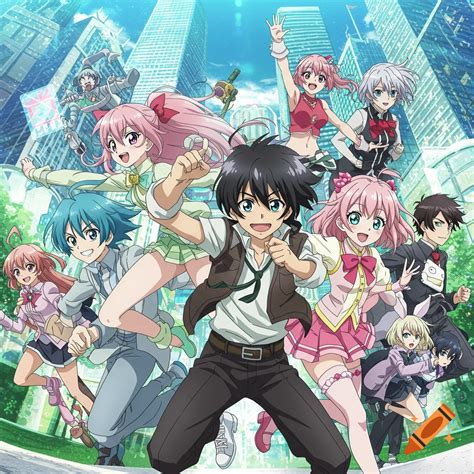 A group of energetic anime characters jump and run with city buildings ...