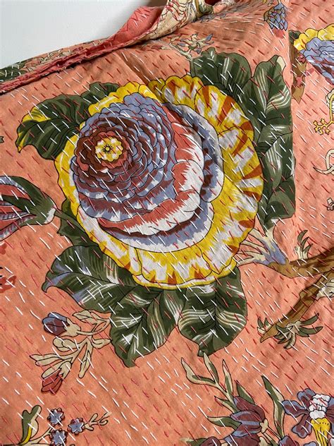 Peach Floral Embroidered King Size Kantha Bedspread – Nakhrro