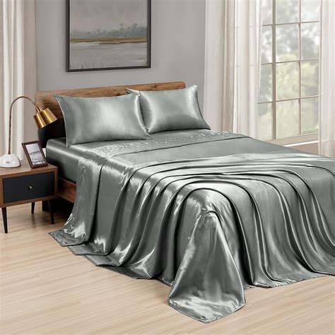 Amazon.com: Love's cabin Satin Queen Sheets Set Dark Grey, Silky Satin ...