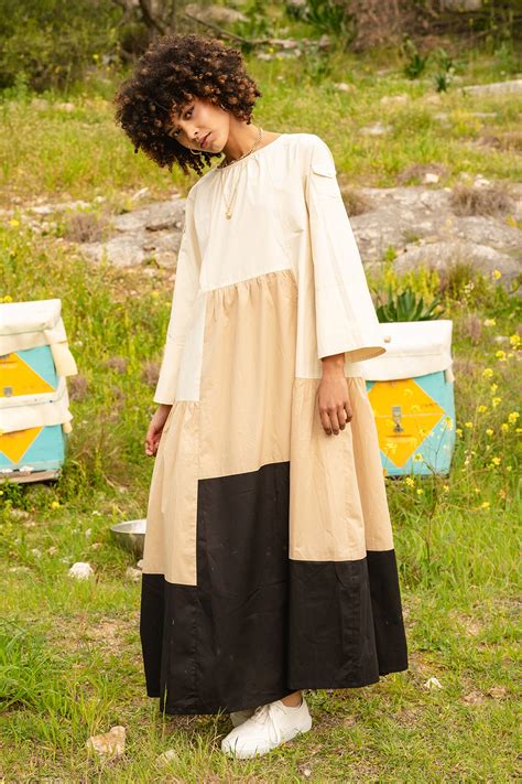 Bone, beige and black color blocked dress