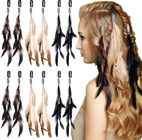 Amazon.com : Geyoga 12 Pcs Feather Hair Extensions Colored Clip in Hair ...