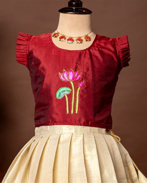 Maroon Lotus Hand-painted Ruffle Sleeve Top and Traditional Lotus Moti ...