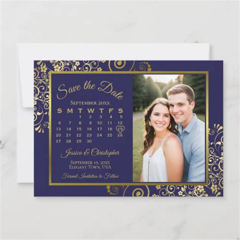 Elegant Navy Blue & Gold Calendar & Photo Wedding Save The Date | Zazzle