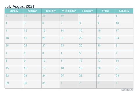 July and August 2021 Printable Calendar - icalendars.net