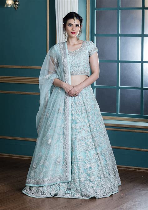 Buy Powder Blue Sequinned Net Readymade Lehenga - Koskii