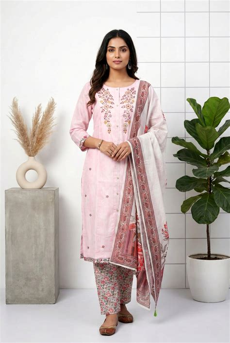 Neerus Pink Ethnic Hand Embroidered Silk Straight Suit Set - Kurta ...