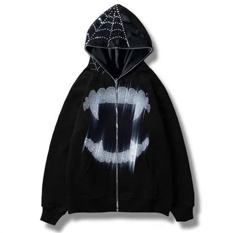 Y2k Cobweb Vampire Rhinestone Zip up Goth Hoodie, Streetwear Hoodie ...