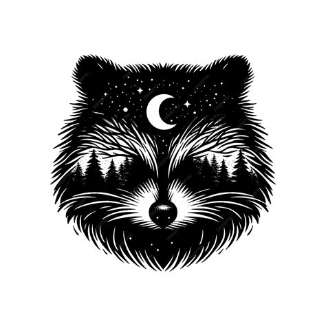 Silhouette of Raccoon filled with nature night view in rough drawing | Premium AI-generated vector