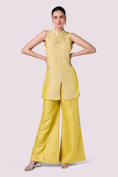 Buy Yellow Silk, Brocade Pearls, Sequins Thread Work Kurta And Flared ...