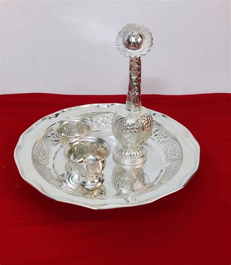 PujaCelebrations White Metal Paneer Chombu Lota Set, Pooja Thali ...