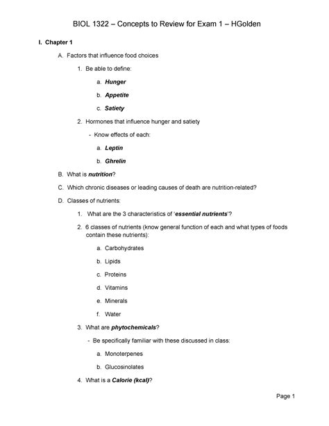 BIOL 1322 - Exam 1 Study Guide - I. Chapter 1 A. Factors that influence ...