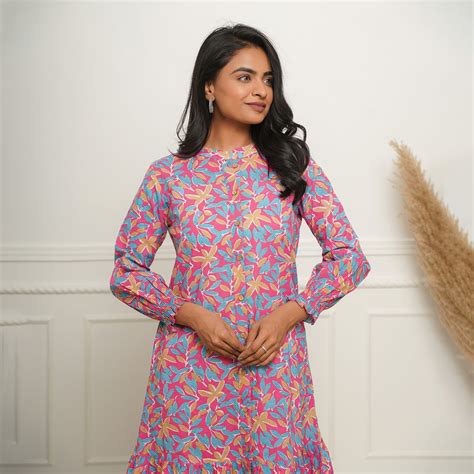 Multicolor Leaf on Pink Button Down Cotton Midi Dress with Pockets ...