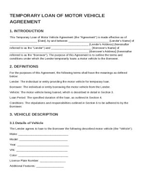 Temporary Loan Of Motor Vehicle Agreement Template - Fill and Sign ...