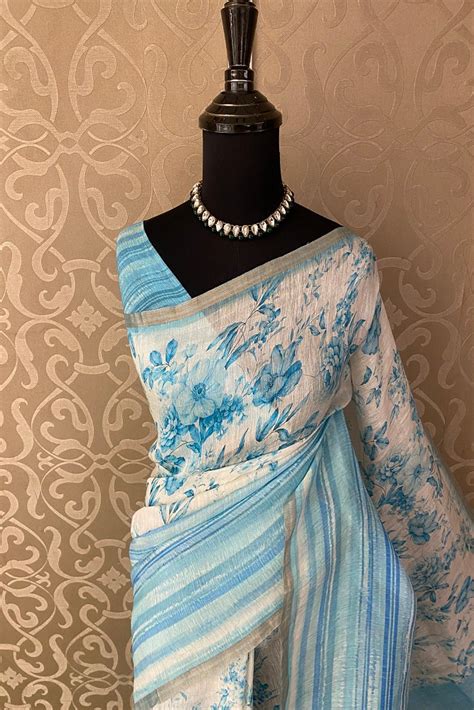 White & Blue Floral Printed Linen Silk Saree, With Blouse Piece ...