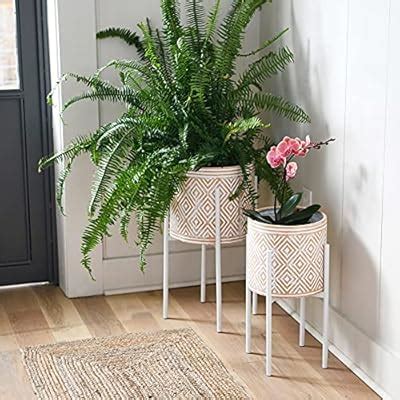 Buy Main + Mesa Embossed Metal Planters with Stand, Terracotta/White ...
