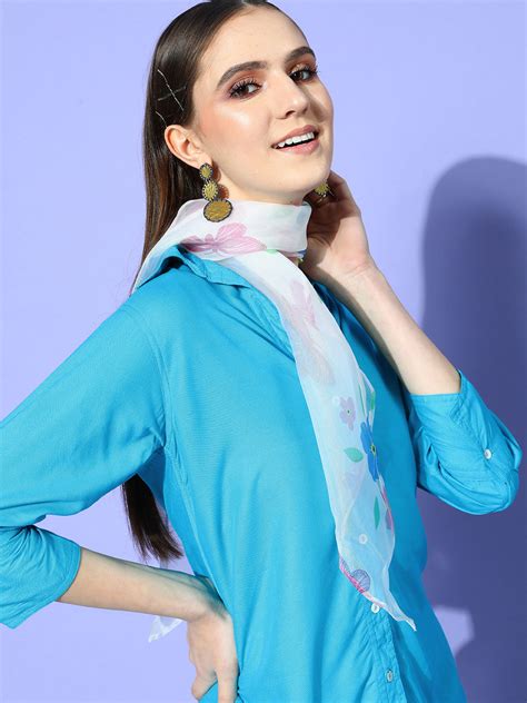 Aqua Blue Coord Set With White Butterfly Scarf - InWeave